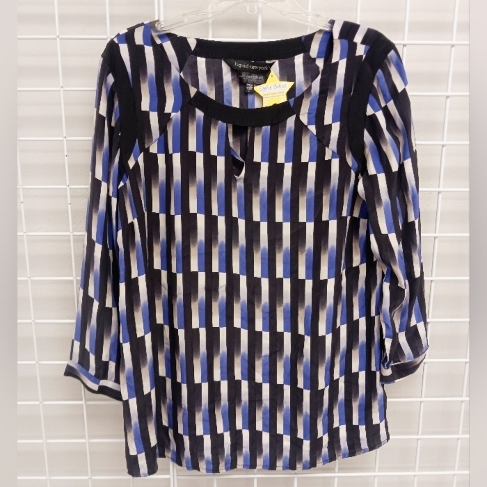 PEA IN POD MATERNITY Liquid NY black & blue striped 100% Silk blouse